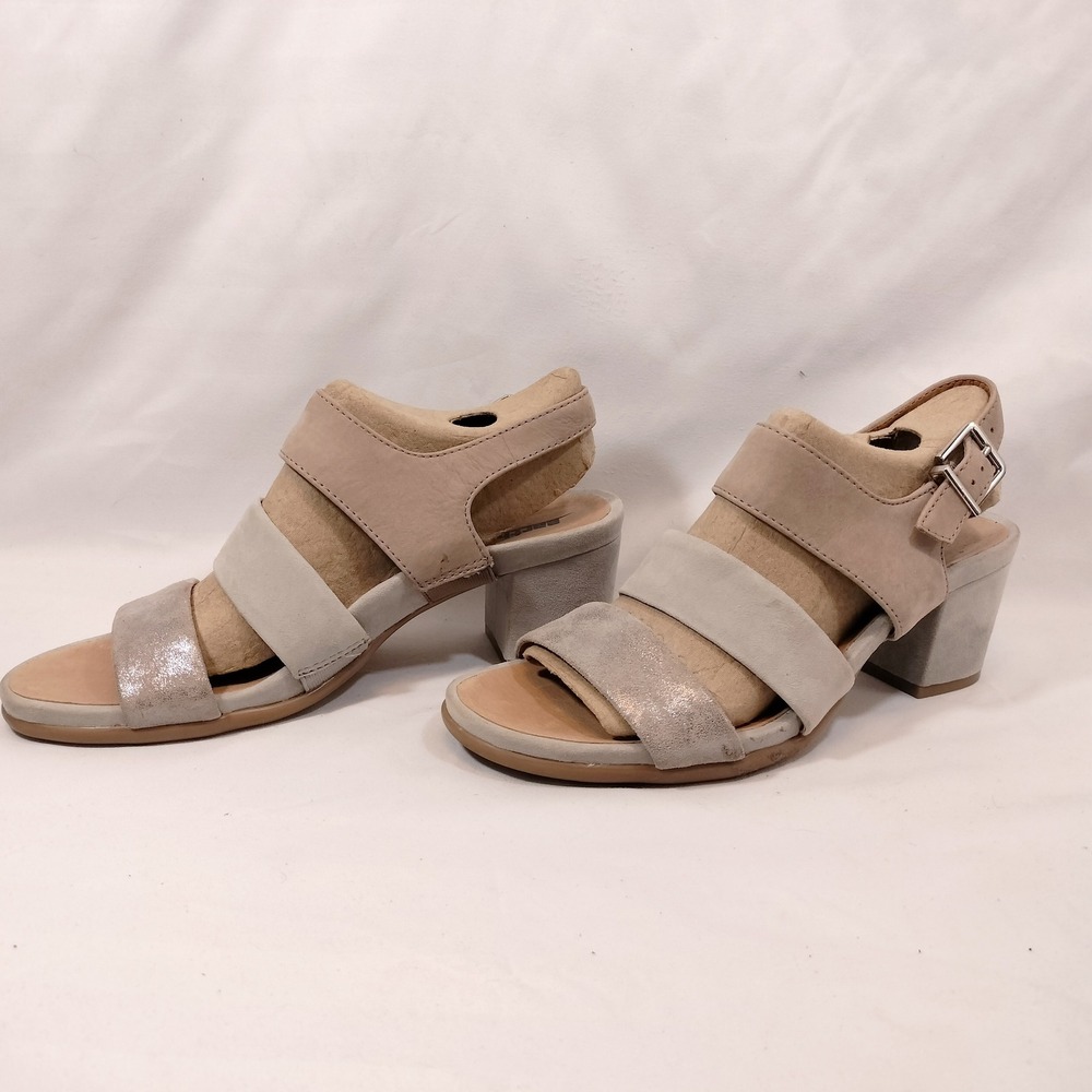 Earth Light Grey Sandals; Tierra Block Heel Metallic Suede Leather